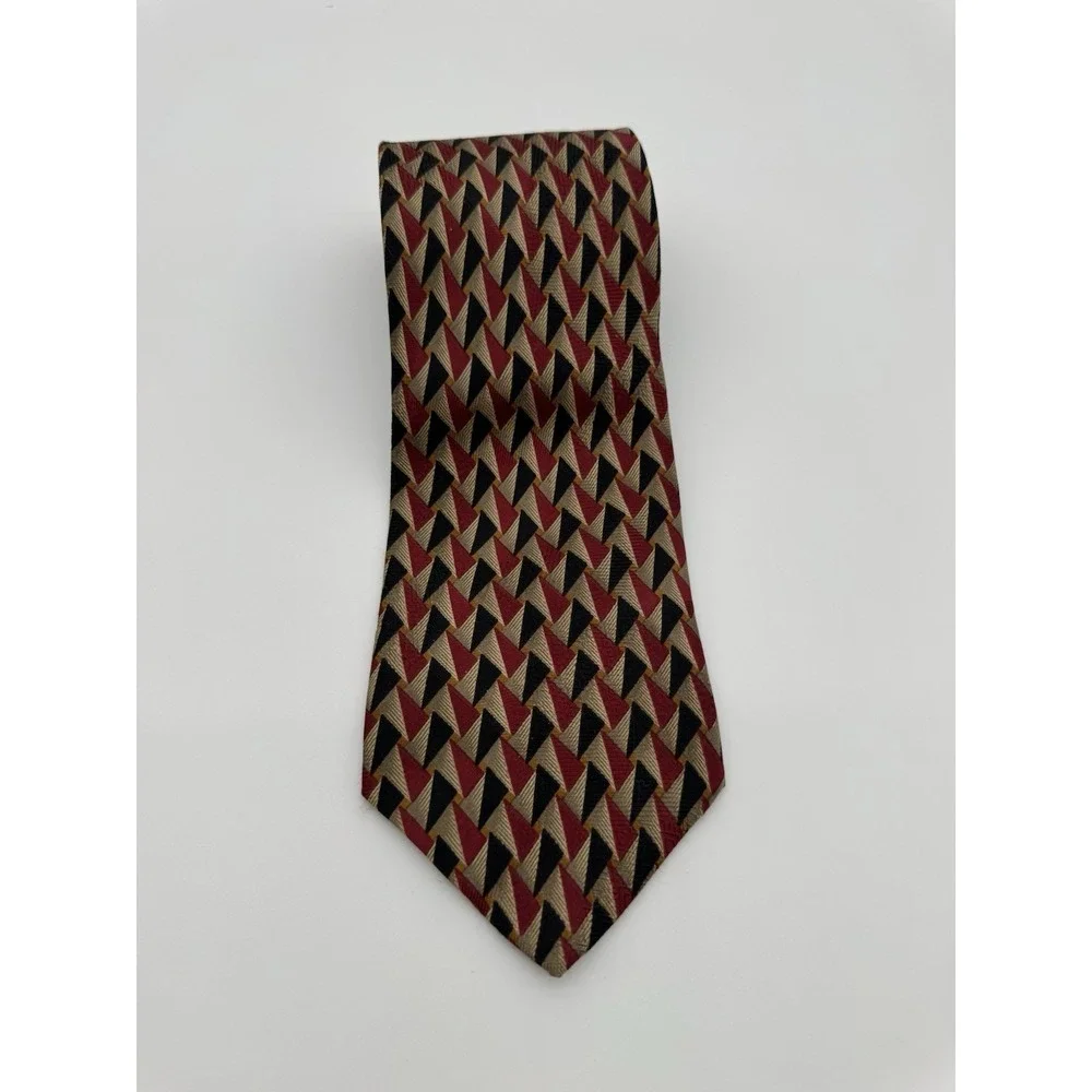 Sartori Men's Silk Tie Red Gold Black Geometric Triangle Pattern Classic Necktie